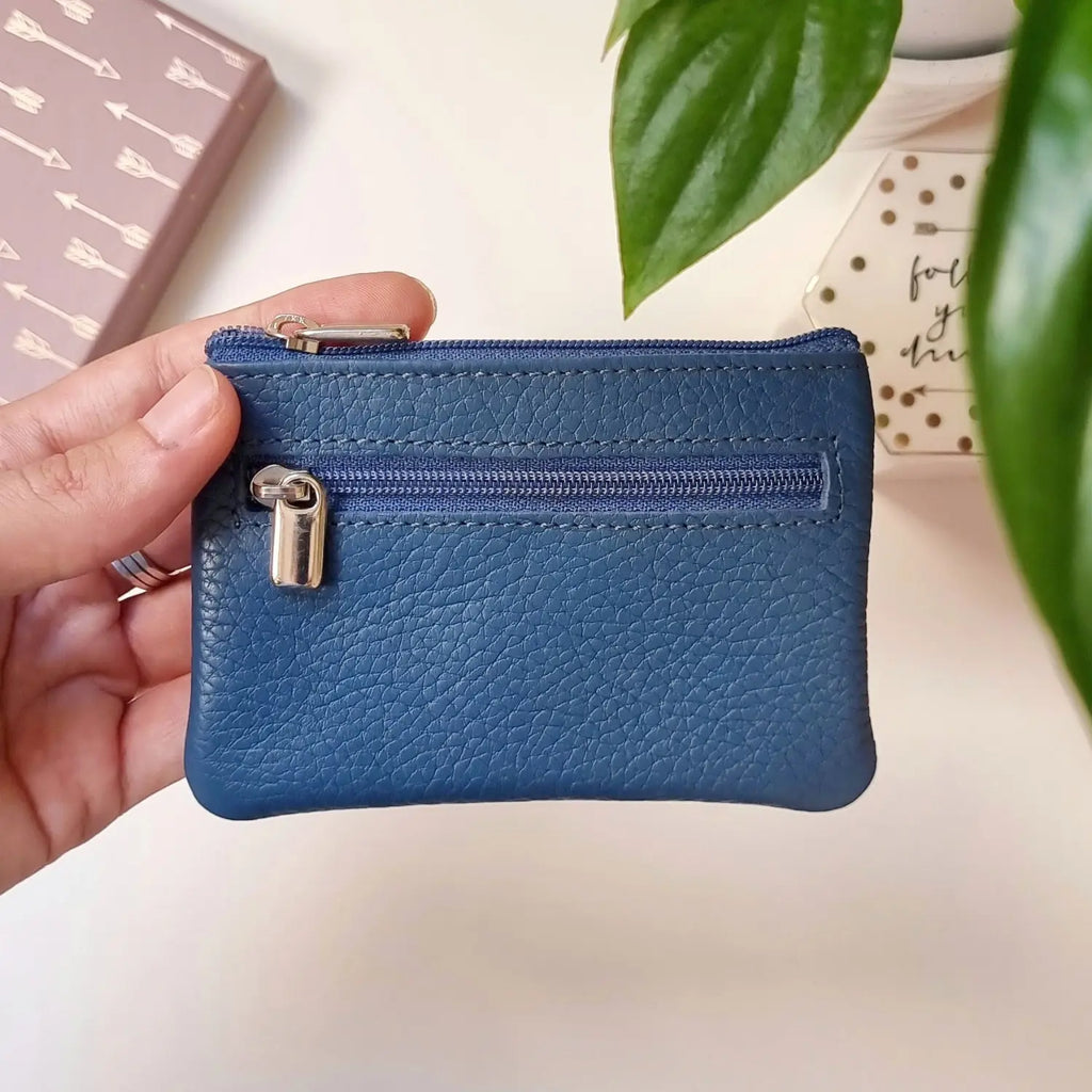 Compact leather purse for coins, monogrammed with custom initial