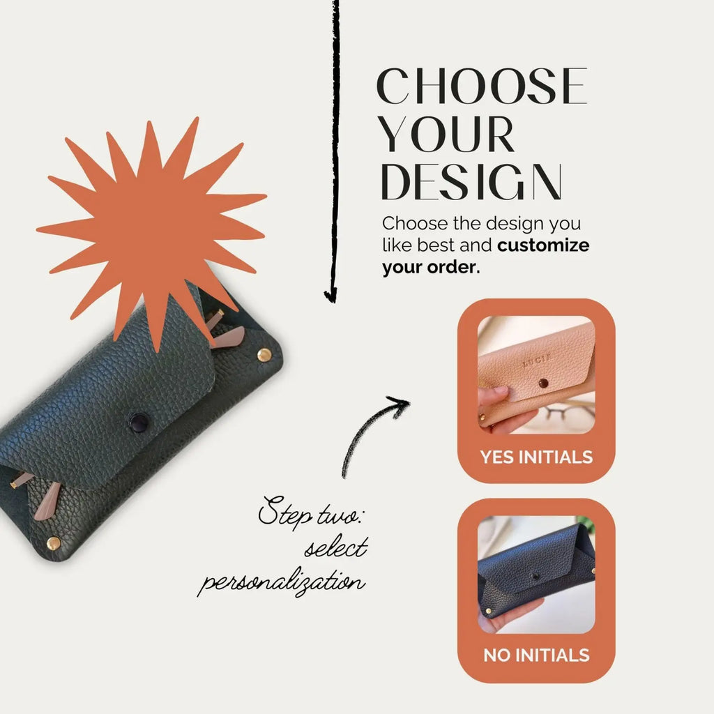 Detalle de funda de gafas con monograma y cierre con clip