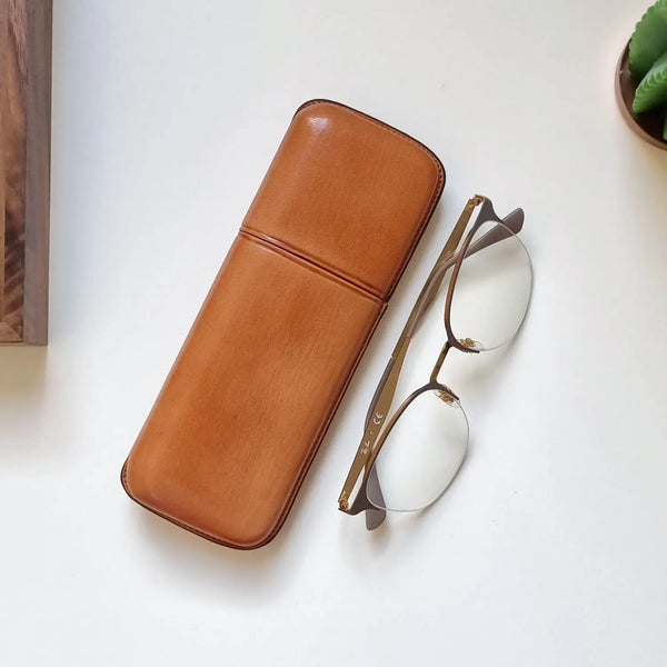 Elegant brown eyewear case in leather, artisan-made by leathergoods43