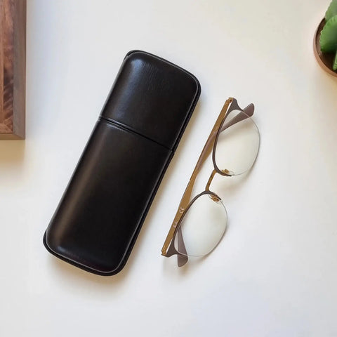Handmade leather glasses case with a soft interior. Black color, by leathergoods43