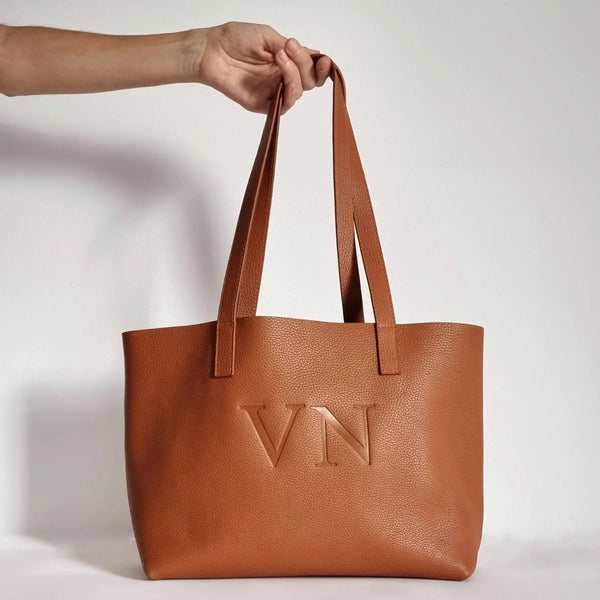 Close-up of full grain leather tote with optional initials, leathergoods43 design