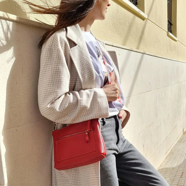 Red leather crossbody bag with zipper and adjustable strap, handmade by leathergoods43