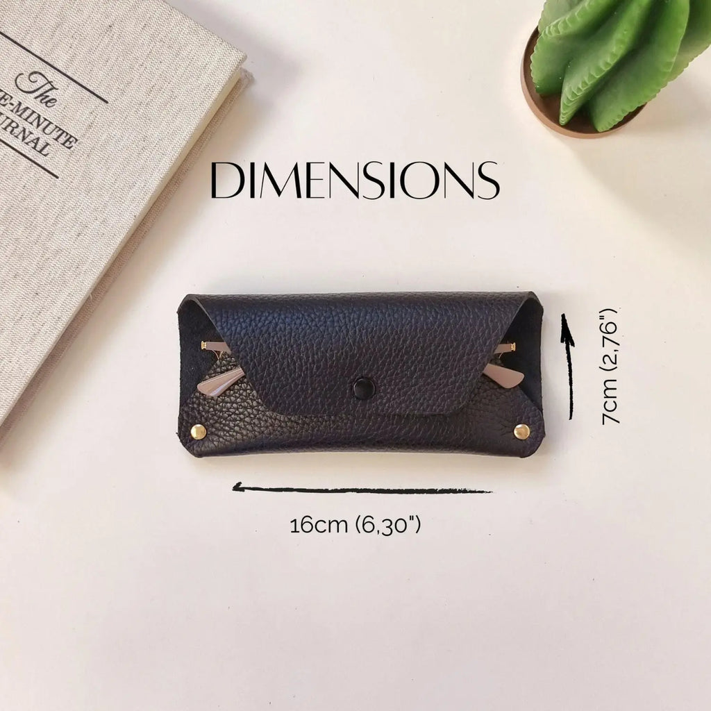Full grain leather eyeglass pouch with metal clip, custom engraved