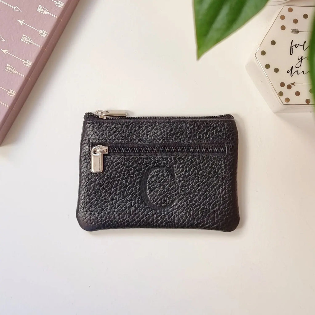 Close-up of mini leather coin purse with zipper and gold accent