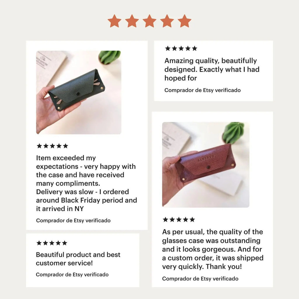 Opiniones Estuche de piel para gafas, con interior suave y grabado personalizado
