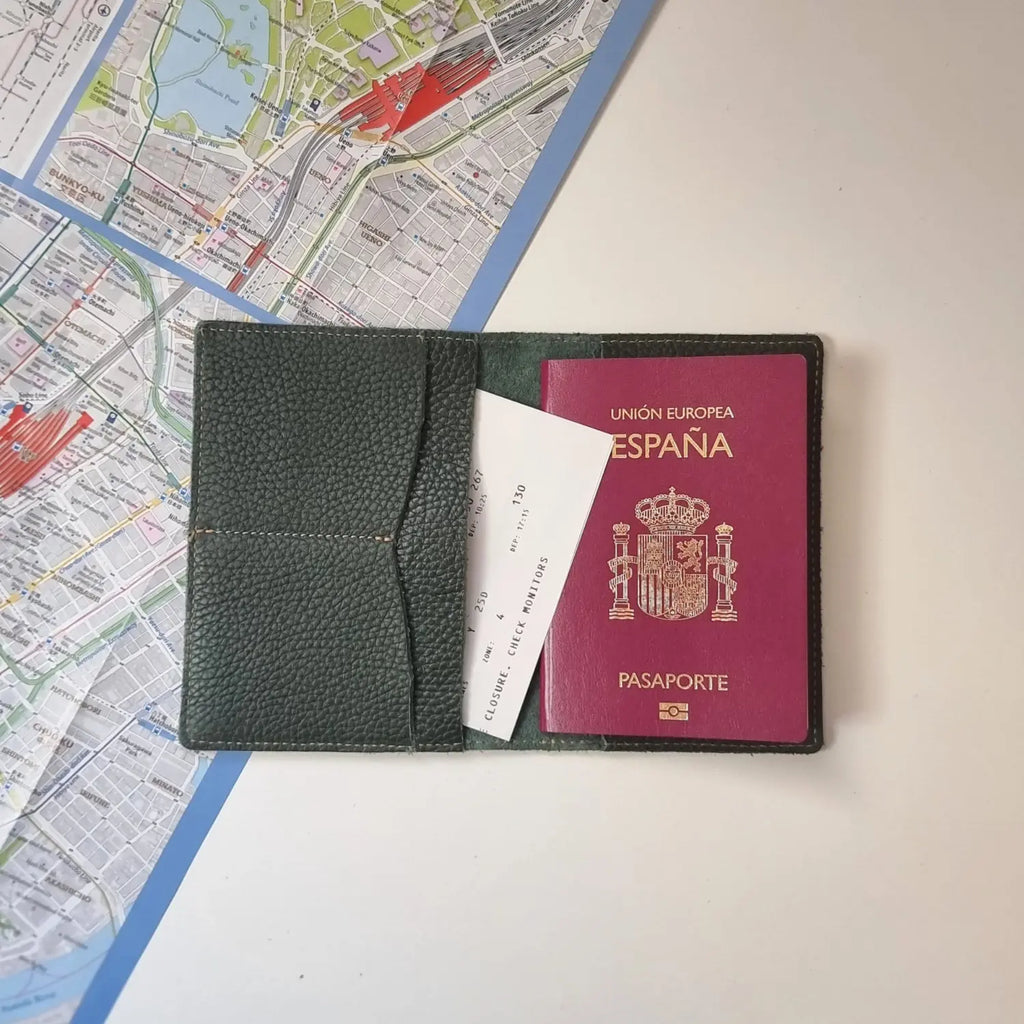 Elegant leather passport holder with 3 inner slots and initials engraved