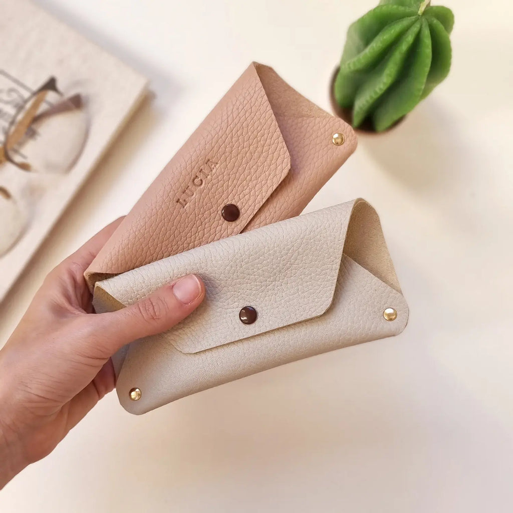 Soft leather glasses case with clip, handmade and personalized with monogram