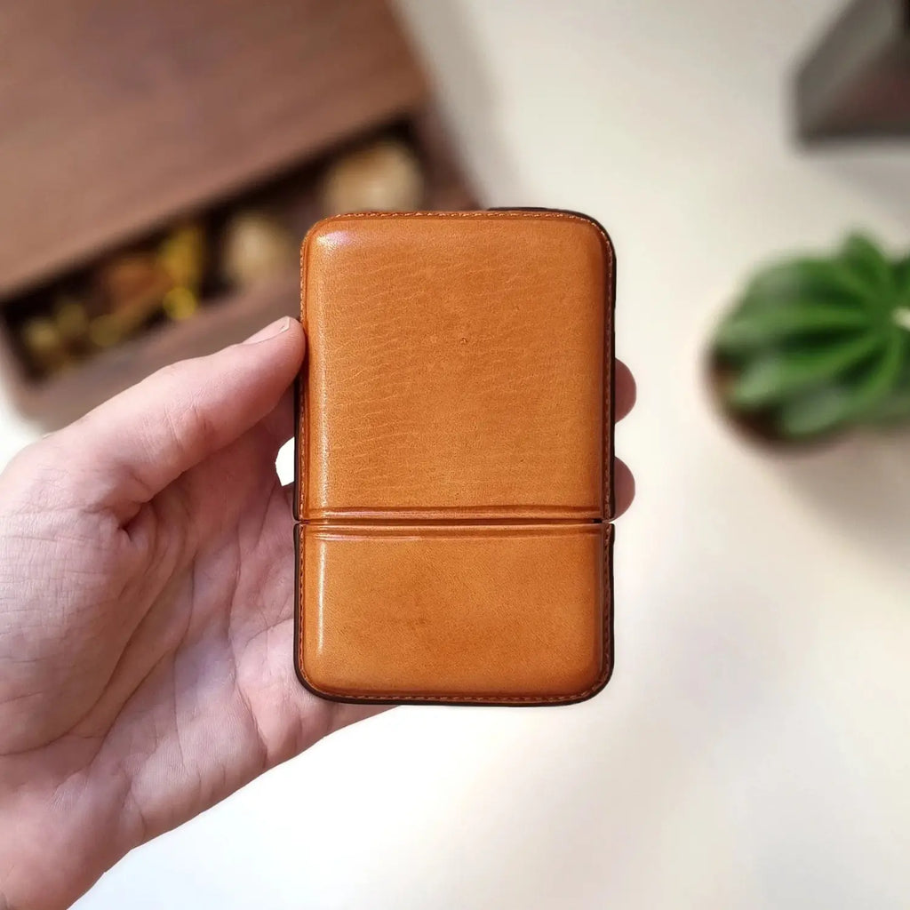 Handmade personalized leather card case with initials, by leathergoods43 Havana color
