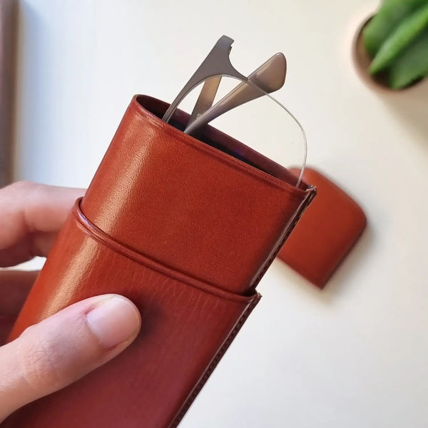 Handmade leather glasses case with a soft interior, by leathergoods43