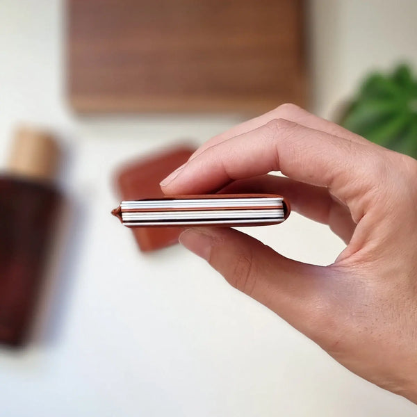 Close-up of personalized leather card wallet for men and women
