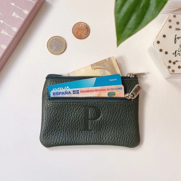 Handmade small leather coin purse with zipper and engraved initial by leathergoods43